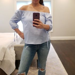 BEAUTIFUL BLUE & WHITE PINSTRIPE OFF SHOULDER TOP